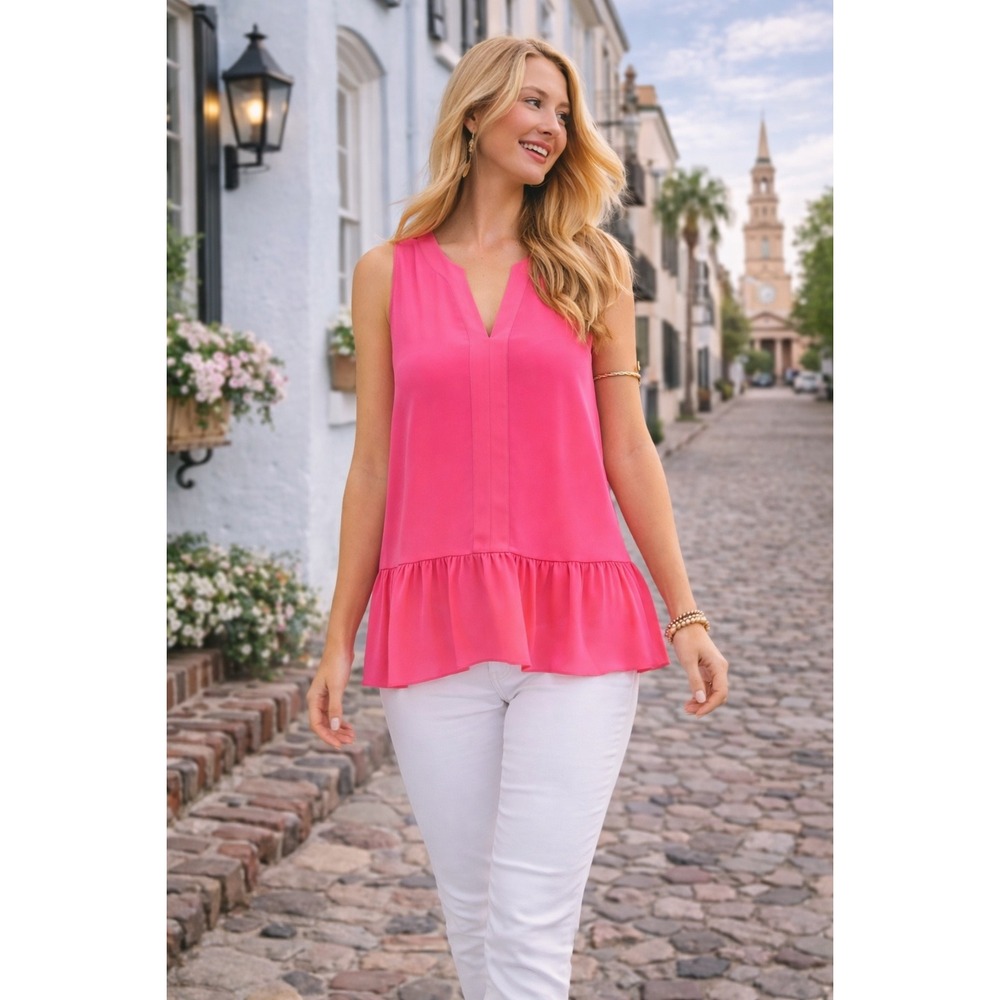 WB9 Lilly Pulitzer Gramercy Top XS Cosmic Coral Pink Sleeveless Peplum Hot Neon